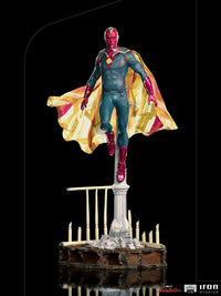 Iron Studios 1/10 Vision BDS Art Scale statue from WandaVision, featuring the hero floating above a ruined pillar base.