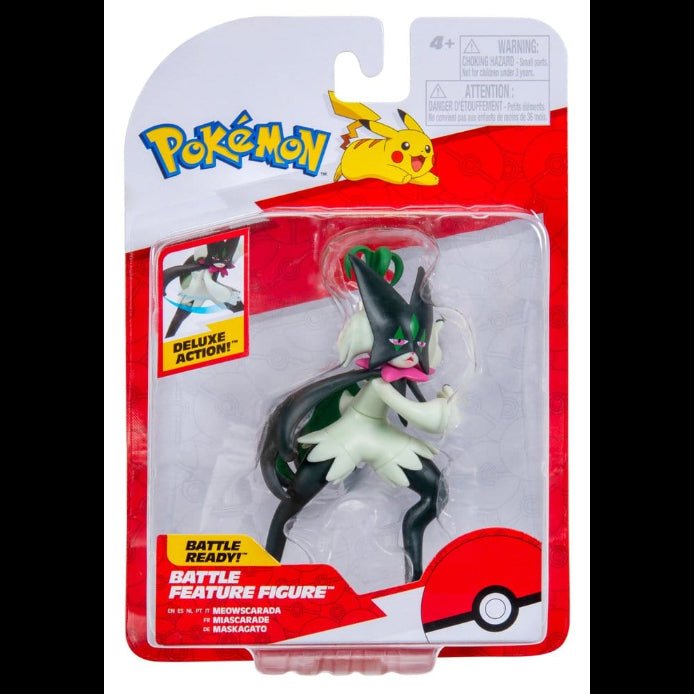 Jazwares Pokémon Battle Feature Meowscarada action figure in its original red and white blister card packaging.