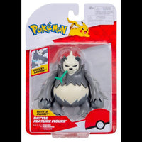 Jazwares Pokémon Battle Feature Figure Pangoro in its original red and white blister pack packaging.