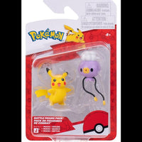 Jazwares Pokémon Battle Figure 2-Pack featuring a yellow Pikachu and purple Drifloon in original blister packaging.