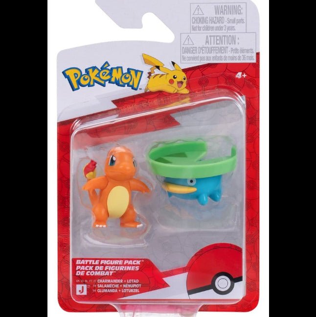 Jazwares Pokémon Battle Figure 2-Pack featuring Charmander and Lotad in original blister packaging.