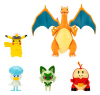 Jazwares Pokémon Battle Figure Multi-Pack featuring Pikachu, Charizard, Quaxly, Sprigatito, and Fuecoco figures.