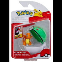Jazwares Pokémon Clip 'n' Go Charmander figure with an open green and white Friend Ball in retail packaging.