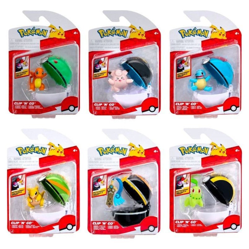 Six Jazwares Pokémon Clip 'n' Go Poké Balls Series 22 sets in blister packaging featuring various figures and Poké Balls.