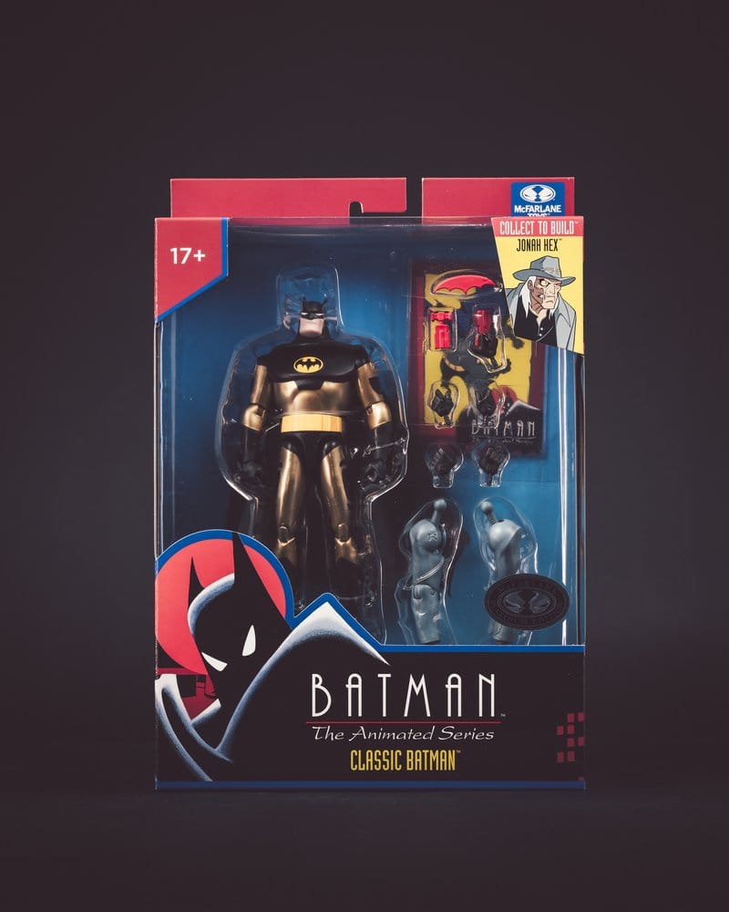 McFarlane DC Direct Batman The Animated Series Platinum Edition action figure in gold and black, displayed in window box.