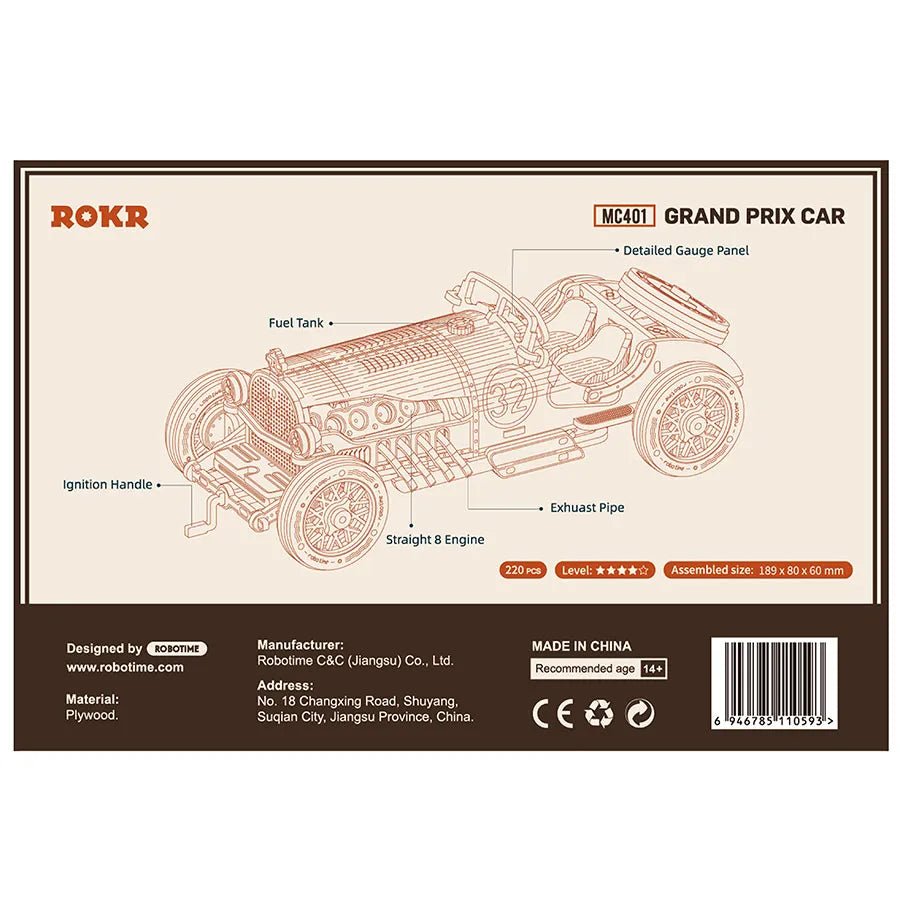 ROKR ROKR Grand Prix Car MC401 – 1:16 Vintage Sports Car 3D Wooden Puzzle by LAB7 Malta, Europe