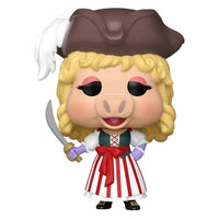 A Funko Pop! vinyl figure of Piglet dressed as a pirate, featuring a brown hat with a white feather, blonde curly hair, a red and white striped dress, and a sword, shown on a plain white background.