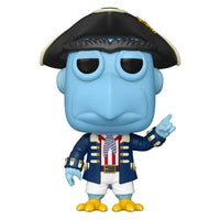 Funko Pop! vinyl figure of Captain Abo, a blue fish character dressed in a historical navy blue colonial coat with white shorts, a red striped tie, and a black tricorn hat, standing against a plain white background.