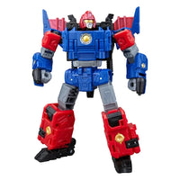 Toy figure of a robot with blue, red, and gray colors on a white background